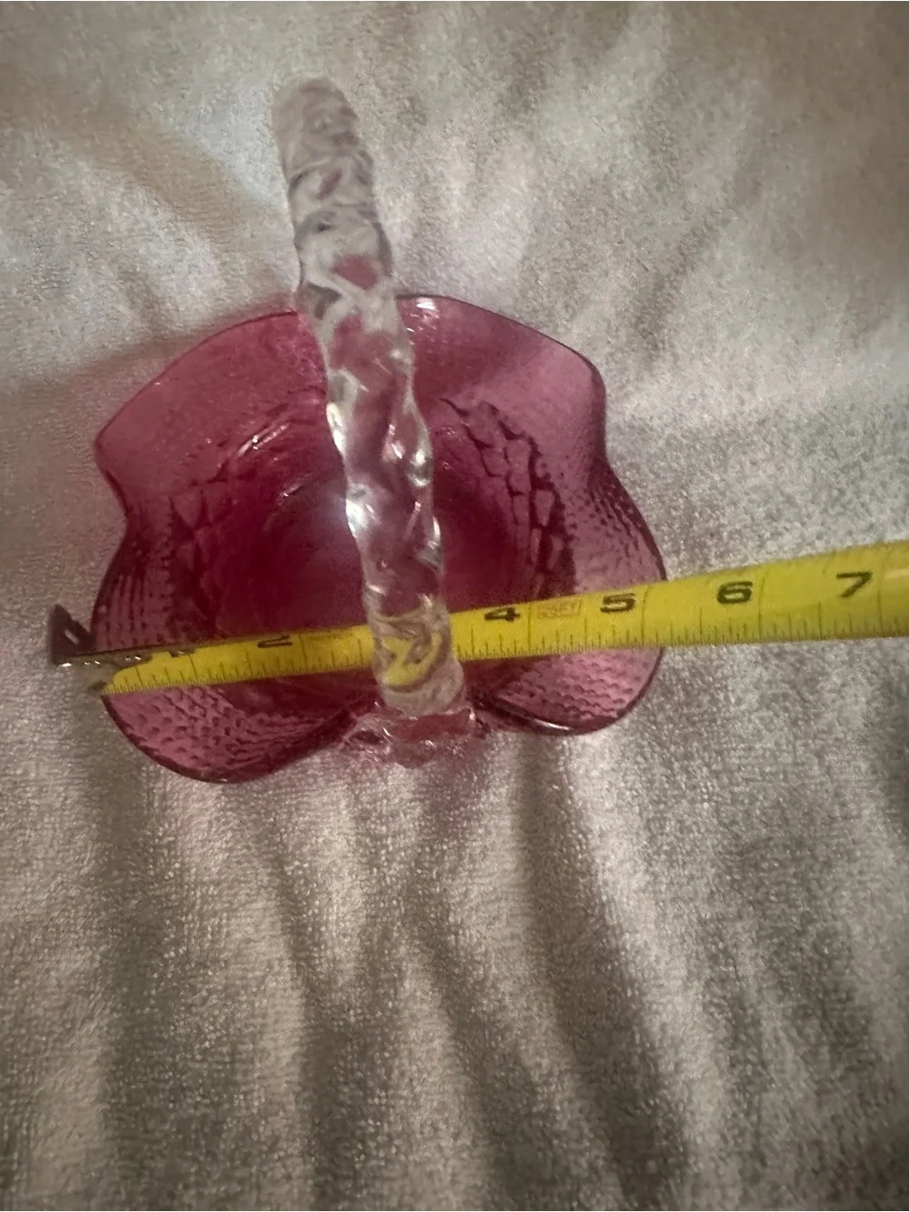 Vintage Fenton Cranberry  Glass basket with berries at bottom of the handle